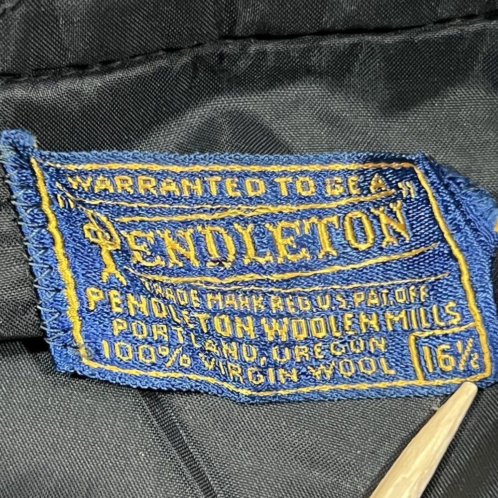 1950s Pendleton Trail Shirt Men 16.5 Navy Blue Virgin Wool Elbow Patches Pockets - Picture 3 of 16